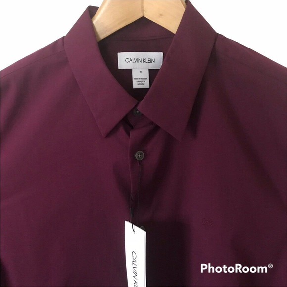 CALVIN KLEIN Mens Stretch Woven Shirt Wine L/S Size Medium Raisin Torte $79 - Picture 1 of 5